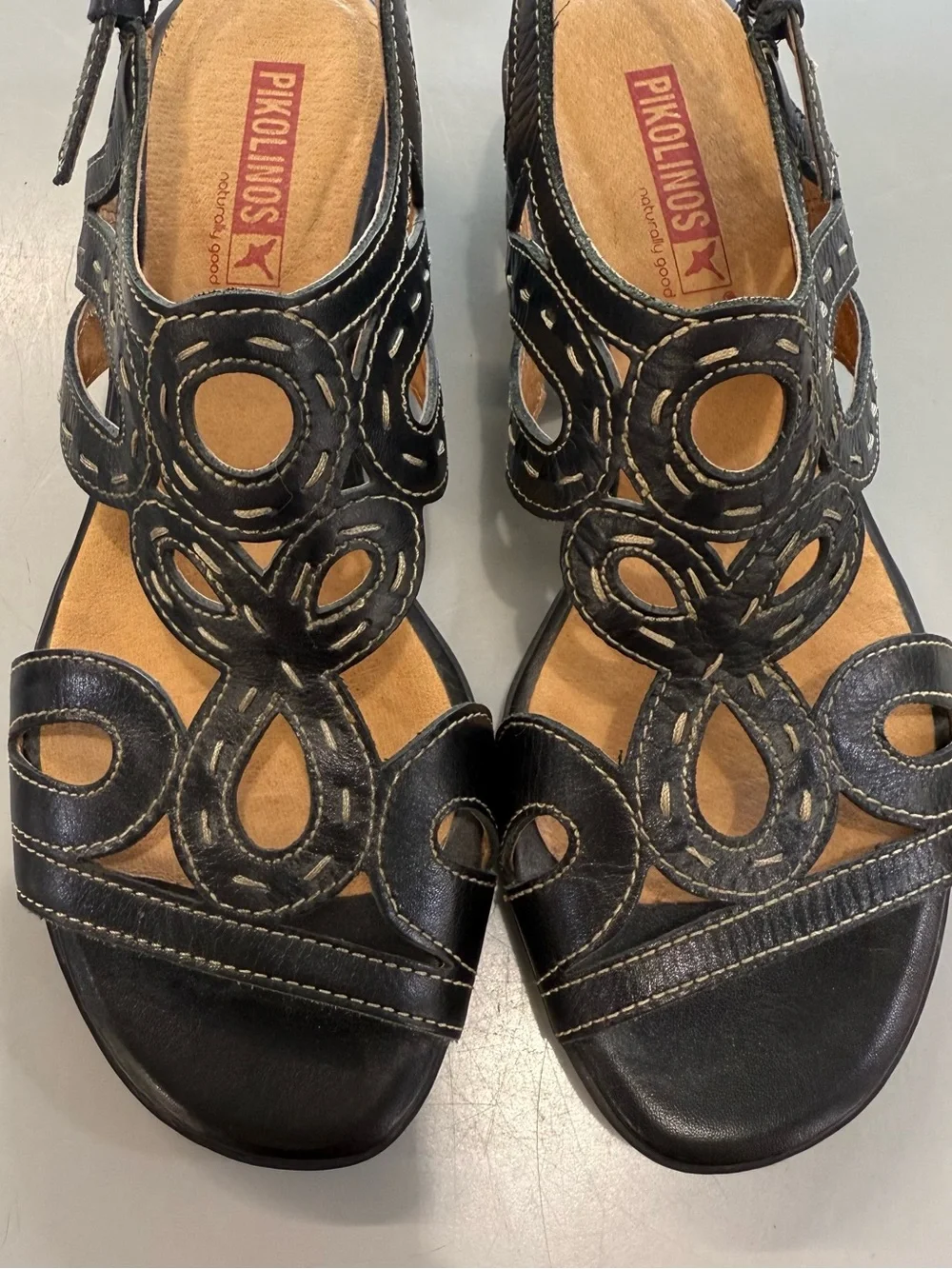 PIKOLINOS Black Leather Decorative Cutout Slingback Sandals